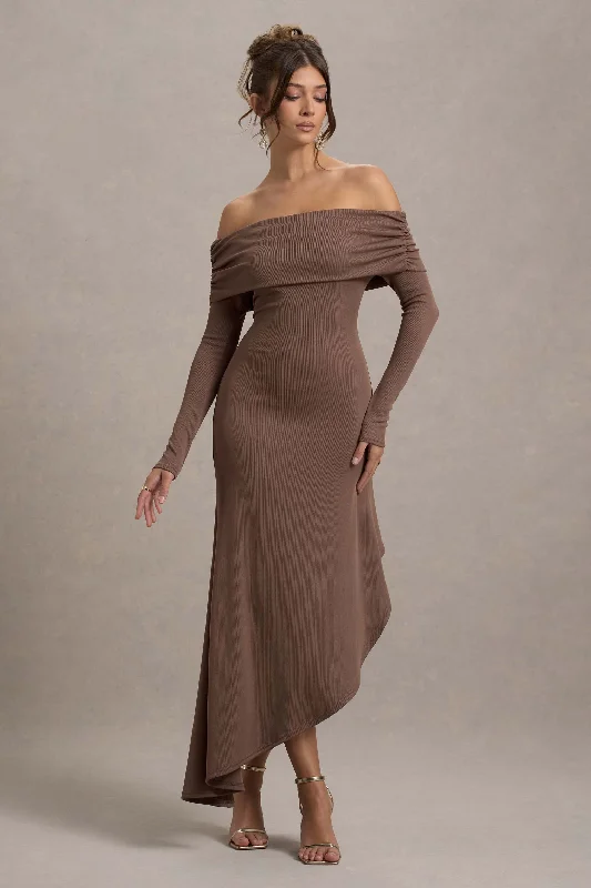 Asymmetrical Maxi Dresses -Romina | Mocha Rib Knit Bardot Maxi Dress With Asymmetric Hem