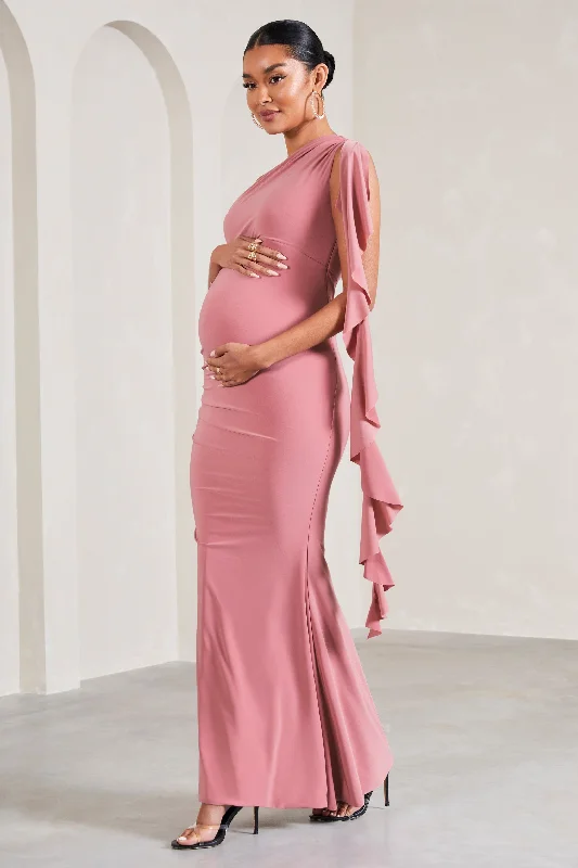 Cold-Shoulder Maxi Dresses -Rosalie | Blush Pink One-Shoulder Maternity Maxi Dress With Ruffles