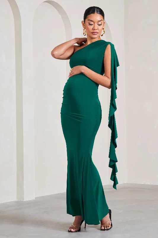 Balloon-Sleeve Maxi Dresses -Rosalie | Bottle Green One-Shoulder Maternity Maxi Dress With Ruffles