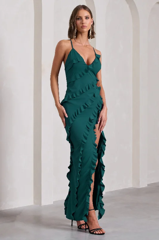 Soft-Silk Maxi Dresses -Run The World | Bottle Green Sweetheart Neckline Ruffle Maxi Dress