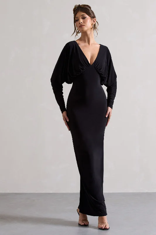 Maxi Dresses for Everyday -Ruth | Black Draped Plunge-Neck Maxi Dress