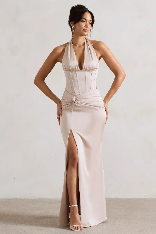 Side-Back Maxi Dresses -Sacha | Champagne Satin Corset Style Maxi Dress With Wrap Skirt