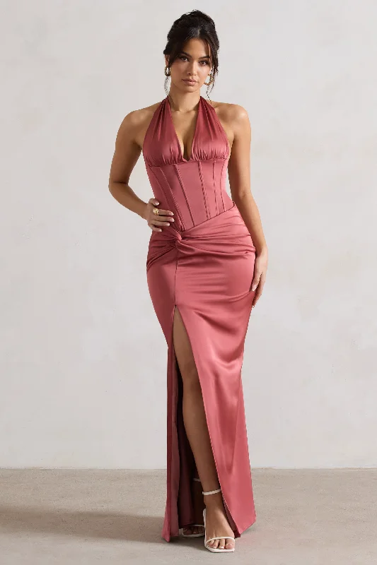 Maxi Dresses for Coffee Fun -Sacha | Rose Pink Satin Corset Style Maxi Dress With Wrap Skirt