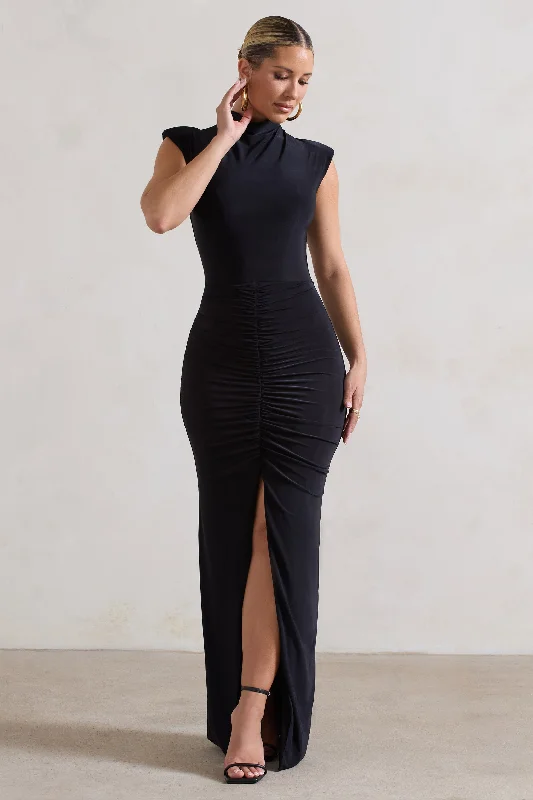 Maxi Dresses for Formal Casual -Samira | Black Ruched High-Neck Split Maxi Dress