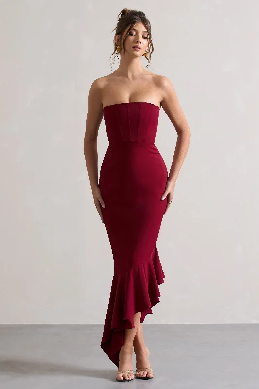 Cutout Maxi Dresses -Sandy | Berry Strapless Corset Asymmetric Maxi Dress