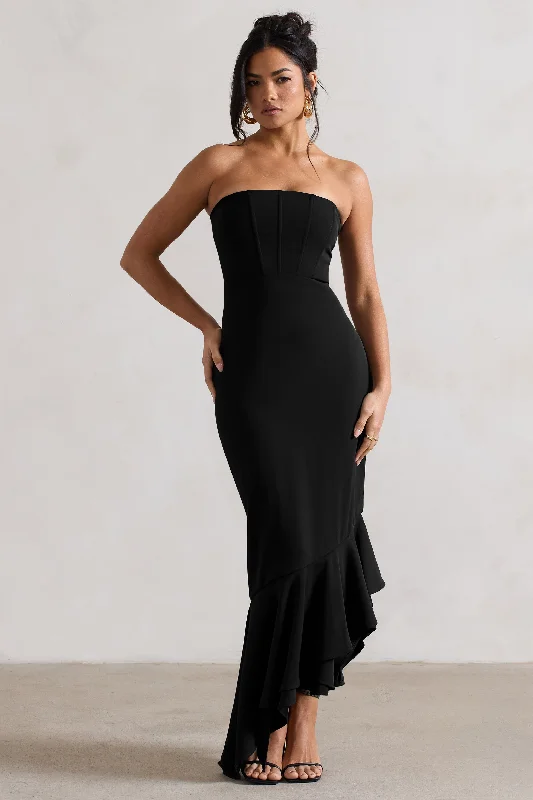 Glossy-Satin Maxi Dresses -Sandy | Black Strapless Corset Asymmetric Maxi Dress