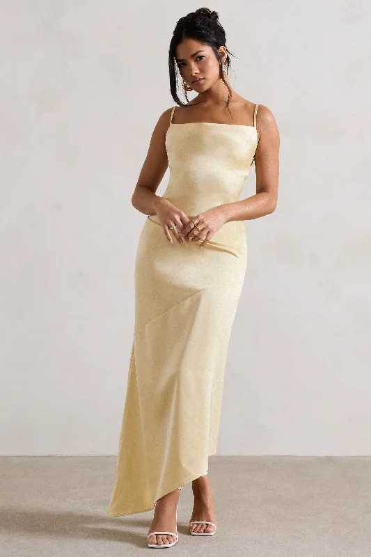 Ruffle-Front Maxi Dresses -Santi | Lemon Satin Cowl-Neck Asymmetric Maxi Dress