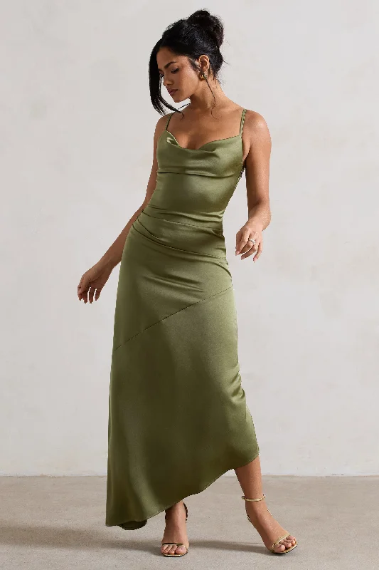 Swing-Back Maxi Dresses -Santi | Olive Green Satin Cowl-Neck Asymmetric Maxi Dress