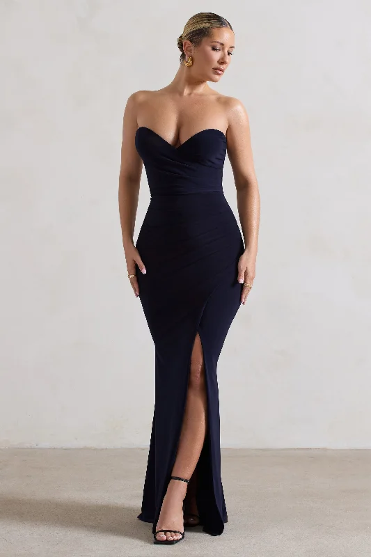 Maxi Dresses for Evening Fun -Saphira | Navy Strapless Wrap Maxi Dress