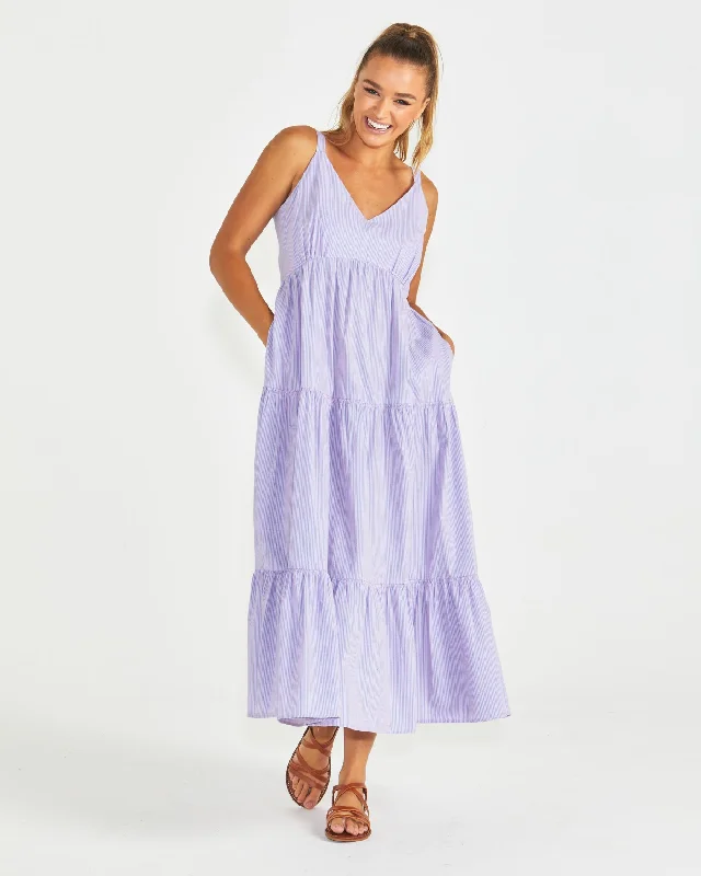 Cross-Front Maxi Dresses -Sass Phillipa Tiered Maxi Dress Blue Pink Stripe