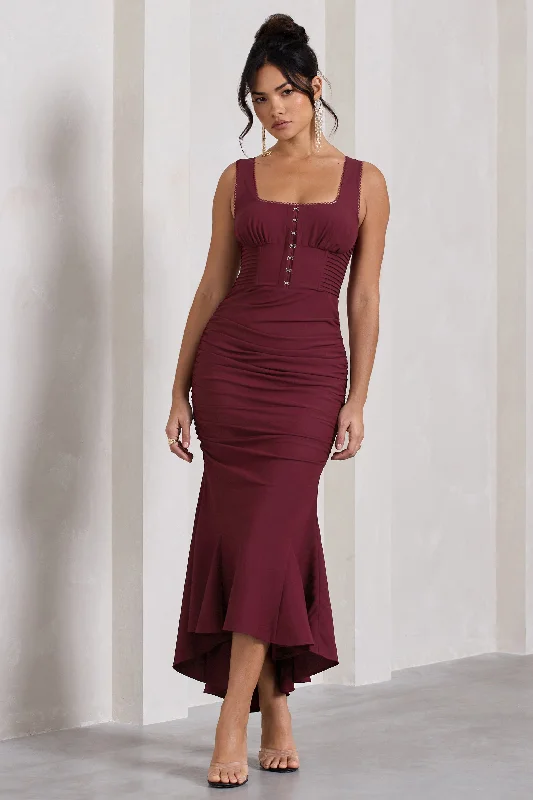 Smooth-Velvet Maxi Dresses -Savannah | Burgundy Square-Neck Corset Fishtail Maxi Dress