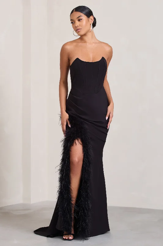 Flowy Maxi Dresses for Summer -Say Yes | Black Corset Maxi Dress With Split Feather Skirt