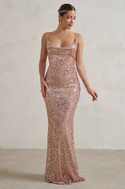 Twist-Front Maxi Dresses -Seeing Stars | Champagne Cowl Cami Sequin Maxi Dress With Waist Tie