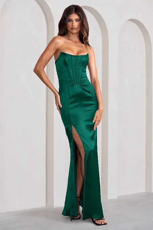 Pink Maxi Dresses for Parties -Sensual Notes | Bottle Green Satin Strapless Corset Thigh Split Fishtail Maxi Dress