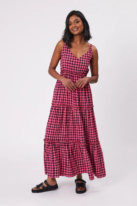 Fine-Print Maxi Dresses -Shine On Label Eden Gingham Tiered Maxi Dress Fuchsia Midnight