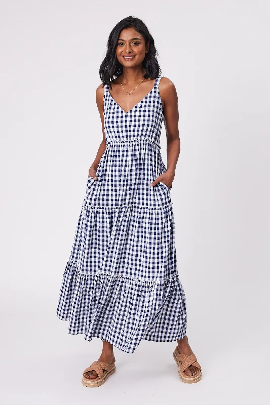 Knit-Cotton Maxi Dresses -Shine On Label Eden Gingham Tiered Maxi Dress Midnight White