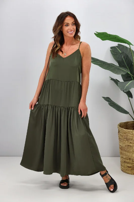 Ruffled-Front Maxi Dresses -Shine On Label Harrie Satin Maxi Dress Olive