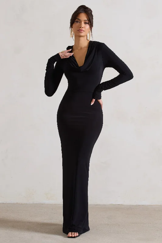 Maxi Dresses for Night Outings -Shira | Black Long-Sleeve Hooded Maxi Dress