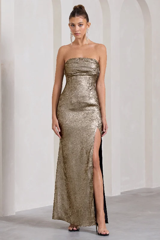 Maxi Dresses for Fall Chill -Showstopper | Gold Metallic Strapless Open-Back Split Maxi Dress