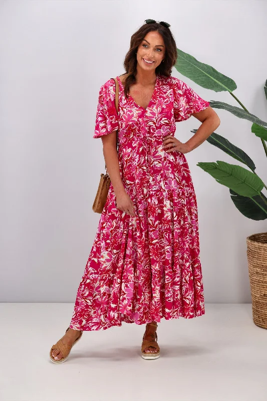 Rich-Cotton Maxi Dresses -Silver Wishes Tess Floral Maxi Dress Hot Pink