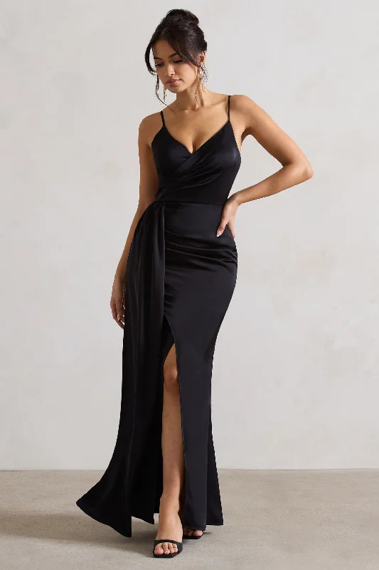 Lace-Trim Maxi Dresses -Soraya | Black Satin V-Neck Split Maxi Dress With Drape