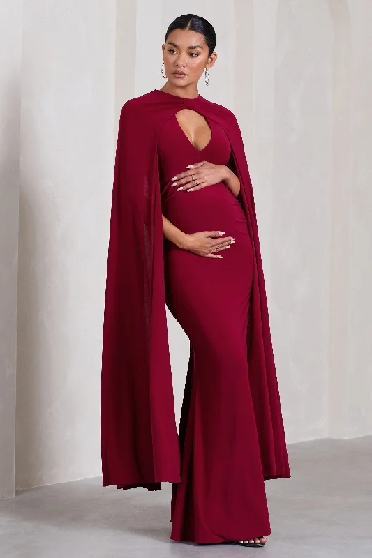 Earthy-Tone Maxi Dresses -Standing Ovation | Berry Plunge-Neck Cape Maternity Maxi Dress