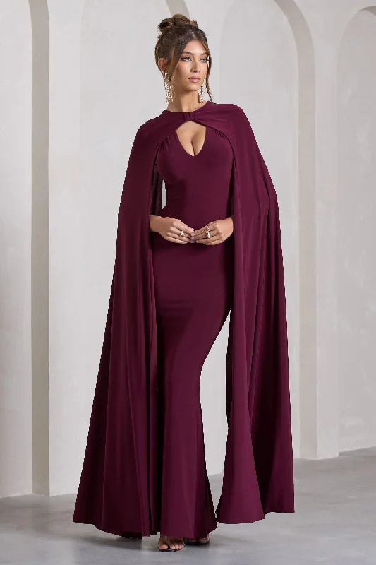 Fine-Print Maxi Dresses -Standing Ovation | Burgundy Plunge-Neck Cape Maxi Dress