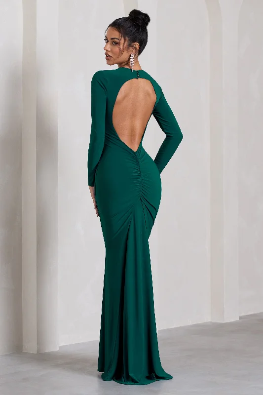 Maxi Dresses for Night Picnics -Starring | Bottle Green Long-Sleeve Backless Maxi Dress