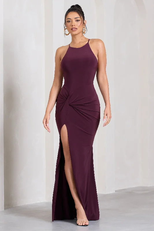 Maxi Dresses for Club Parties -Stellar | Plum Halter-Neck Twisted Split Maxi Dress