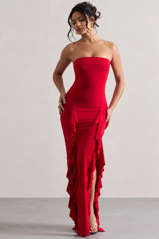 Maxi Dresses for Farewell Dinners -Susan | Red Bandeau Maxi Dress With Ruffled Splits