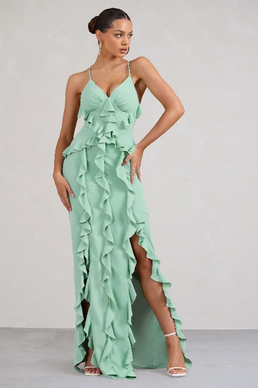 Maxi Dresses for Concerts -Syrah | Mint Green Chiffon Ruffle Cami Maxi Dress