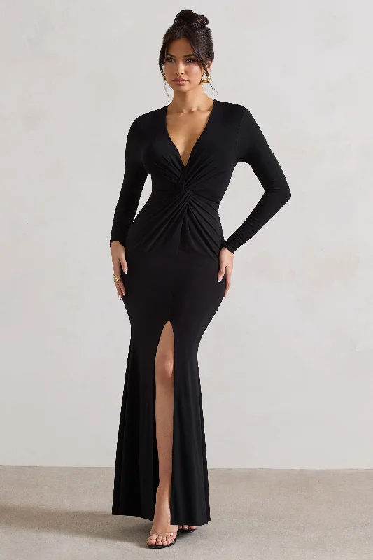 Swing-Hem Maxi Dresses -Tianna | Black Plunge-Neck Twisted Split Maxi Dress