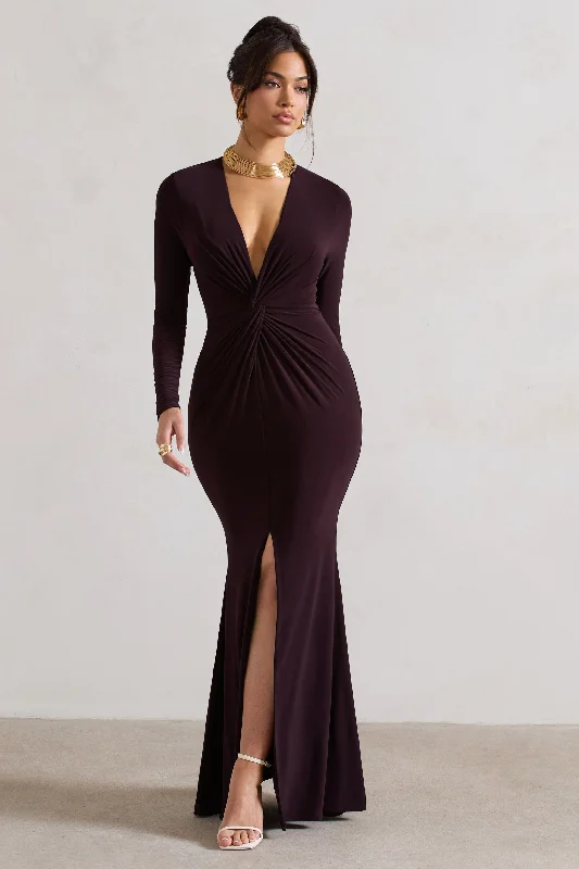 Open-Back Maxi Dresses -Tianna | Dark Plum Plunge-Neck Twisted Split Maxi Dress