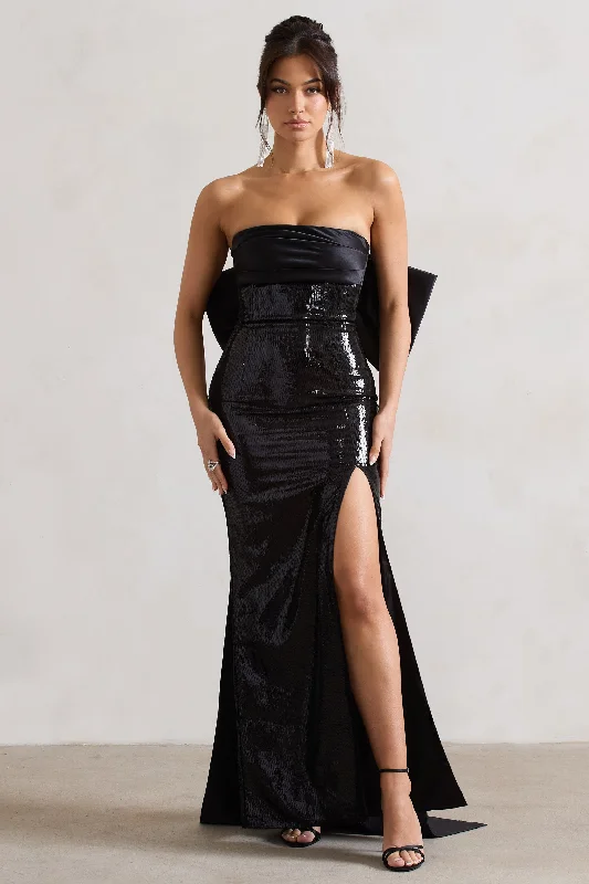 Balloon-Sleeve Maxi Dresses -To You | Black Sequin Bandeau Split Maxi Dress With Oversized Bow