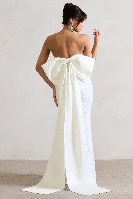 Tie-Front Maxi Dresses -To You | White Sequin Bandeau Split Maxi Dress With Oversized Bow