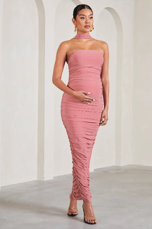 Maxi Dresses for Work Events -Truly | Blush Pink Ruched Maternity Maxi Dress With Halter Collar