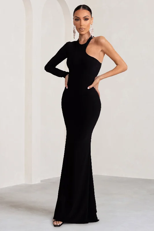 Side-Tie Maxi Dresses -Tyra | Black Asymmetric Neck Cut Out Maxi Dress With Open Back Detail