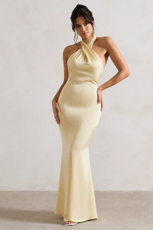 Ruffled-Edge Maxi Dresses -Unbeatable | Lemon Satin Cross Over Halter-Neck Maxi Dress