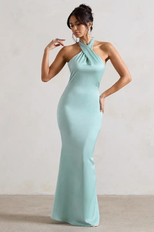 Maxi Dresses for Group Outings -Unbeatable | Mint Green Satin Cross Over Halter-Neck Maxi Dress