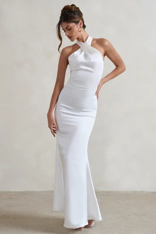 Maxi Dresses for Fashion Events -Unbeatable | White Satin Cross Over Halter-Neck Maxi Dress