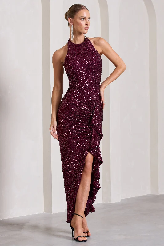 Soft-Silk Maxi Dresses -Under The Stars | Plum Sequin High-Neck Open-Back Maxi Dress With Drape