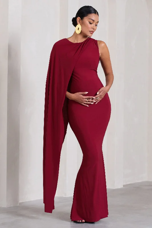 Maxi Dresses for Wine Chill -Unveil | Berry One-Sleeve Cape Maternity Maxi Dress