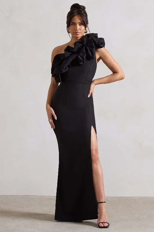 Monochrome Maxi Dresses -Vienne | Black One Shoulder Ruffle Split Maxi Dress