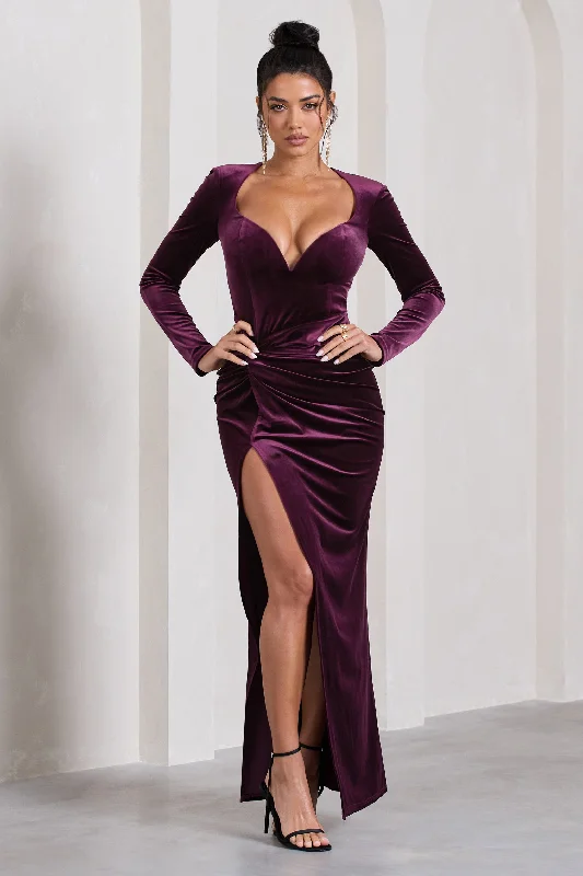 Rich-Velvet Maxi Dresses -Vin Chaud | Dark Purple Velvet Long-Sleeved Split Maxi Dress