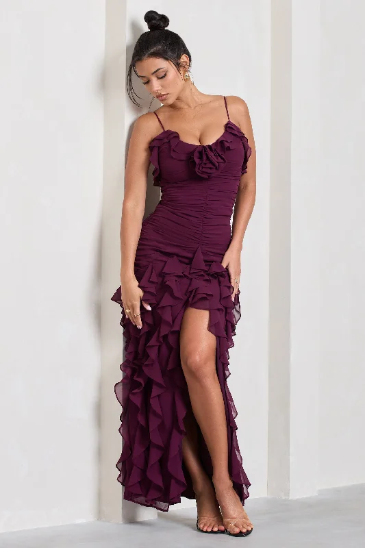 Scoop-Edge Maxi Dresses -Walks Alone | Burgundy Ruched Strappy Split Maxi Dress With Ruffles