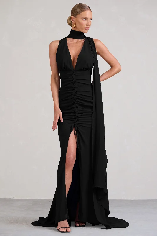 Pleated-Edge Maxi Dresses -Whimsical | Black Chiffon Plunge Fishtail Maxi Dress With Scarf Design