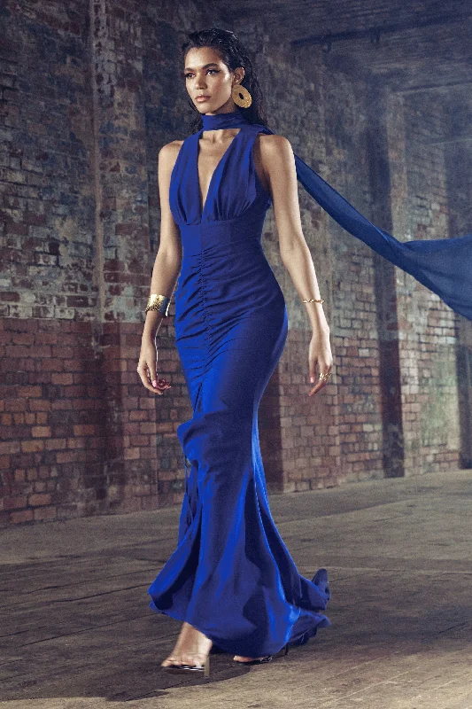 Maxi Dresses for Special Occasions -Whimsical | Blue Chiffon Plunge Fishtail Maxi Dress With Scarf Design