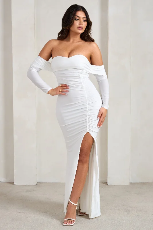 Maxi Dresses for Night Picnics -Midnight | White Draped Long Sleeve Maxi Dress