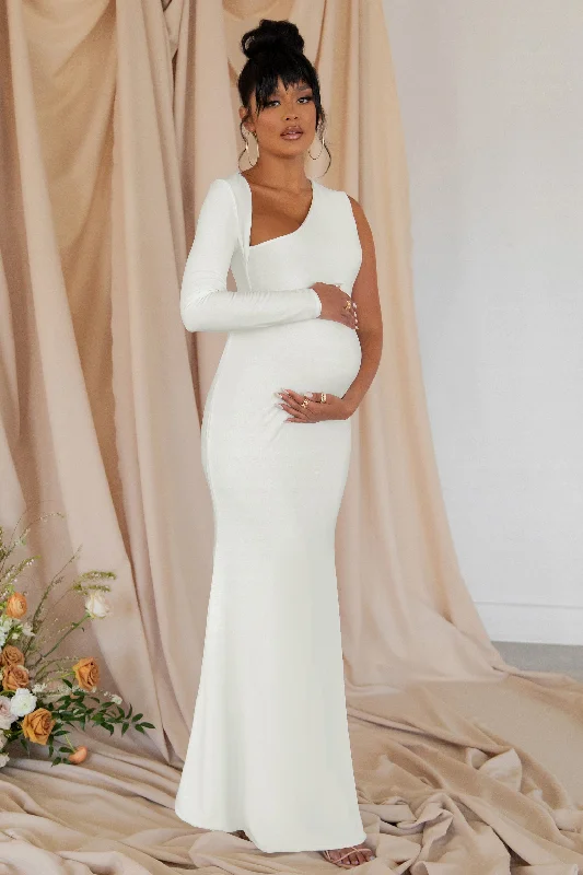 Maxi Dresses for Short Outings -Oh Baby | White Maternity One Shoulder Bodycon Maxi Dress