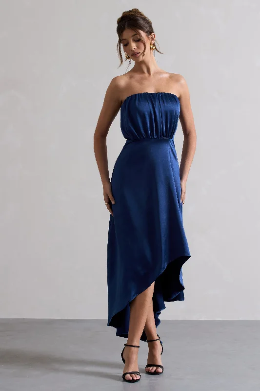 Maxi Dresses for Fun Chill -Willa | Navy Satin Bandeau Maxi Dress With Asymmetric Hem